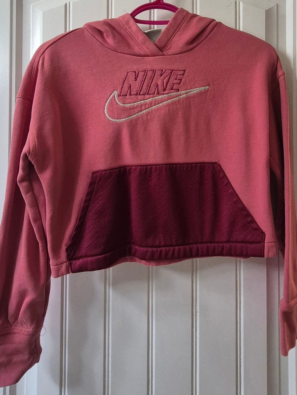 Nike Women’s Pink Cropped Hoodie with Maroon Pocket